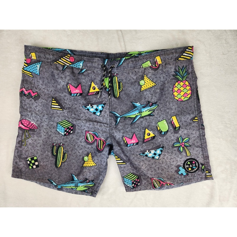 Maui And Sons Swim Trunks Board‎ Shorts Size Large Measure 40"W Shark Retro